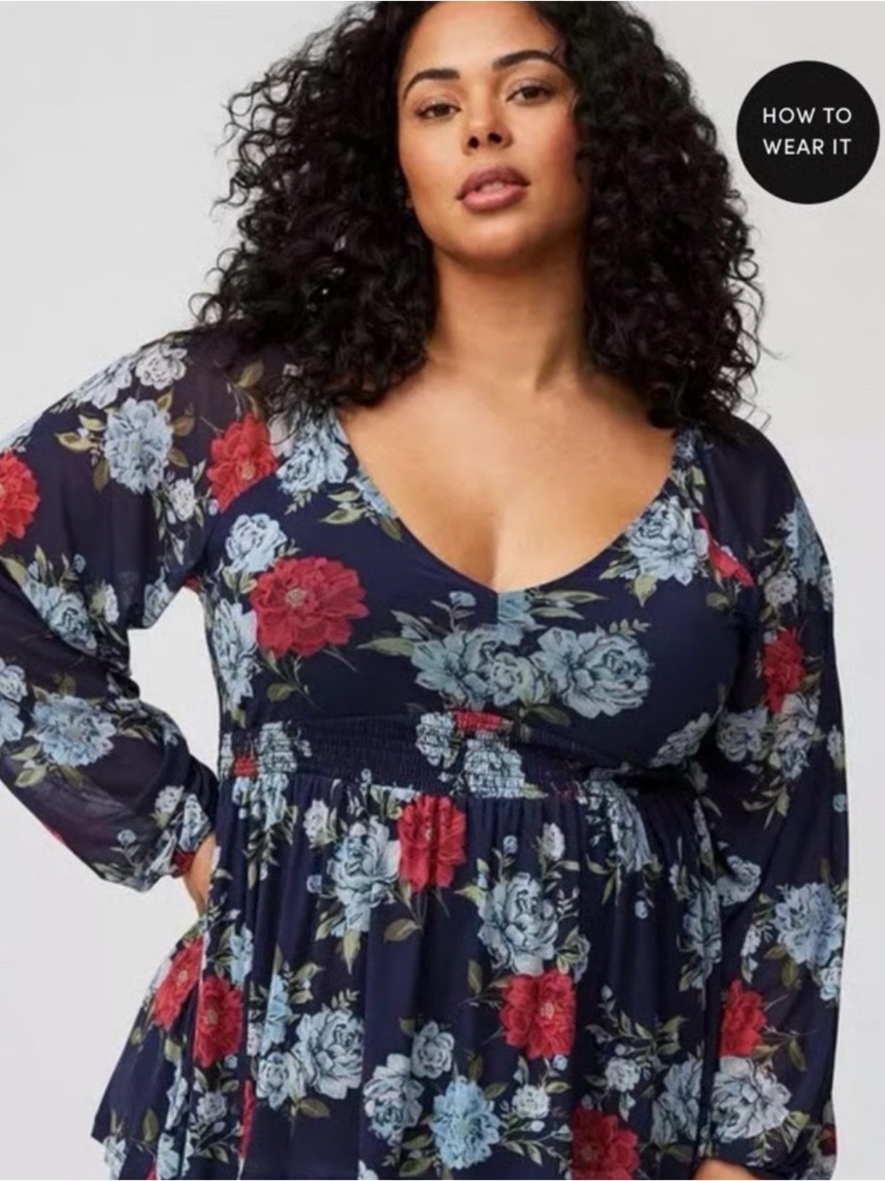torrid Navy Floral V-Neck Top with Red & Light Blue Blooms
